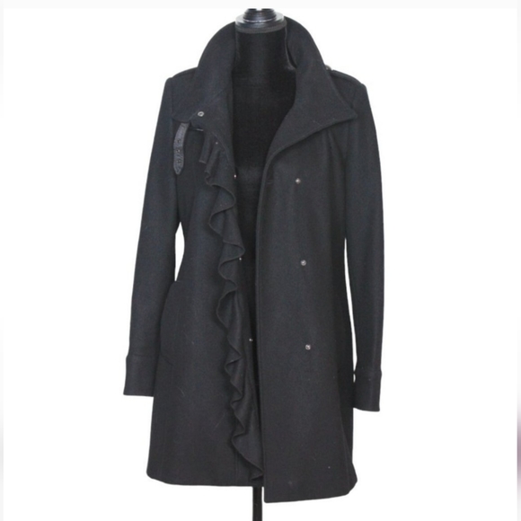 Tahari black wool blend feminine jacket coat with ruffle detail. - Picture 10 of 11